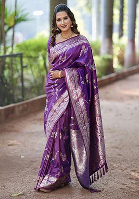 Violet Zari Woven Silk Saree Set