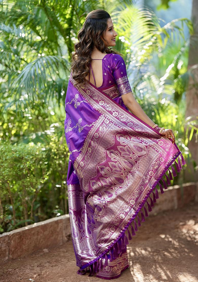 Violet Zari Woven Silk Saree Set