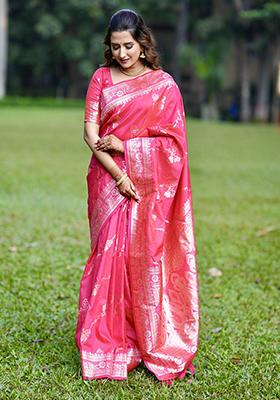 Pink Zari Woven Silk Saree Set