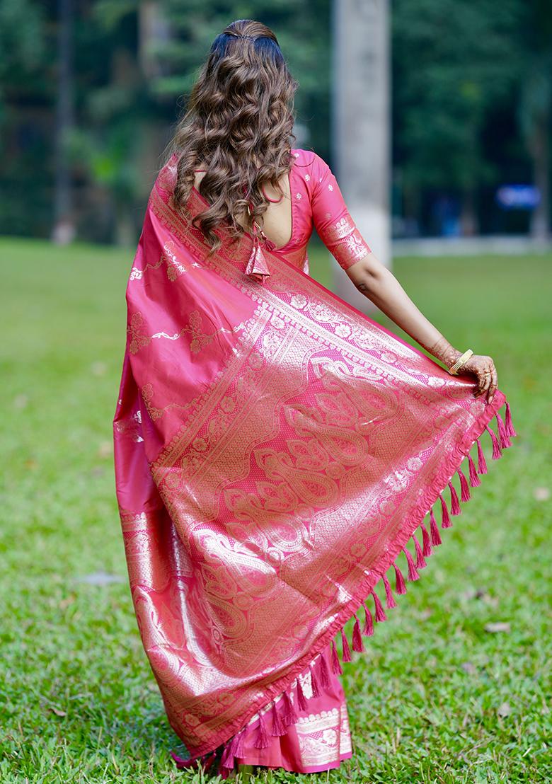 Pink Zari Woven Silk Saree Set