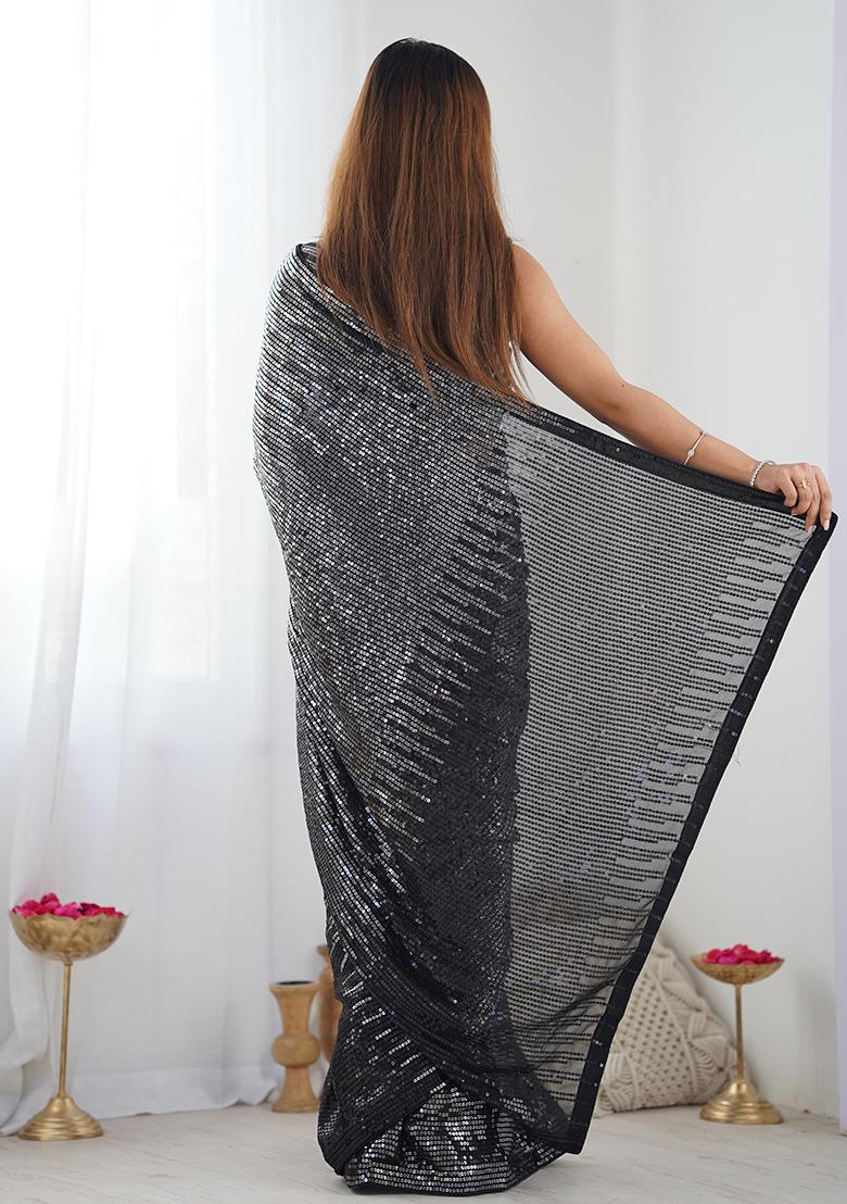 Black Sequin Work Georgette Saree Set