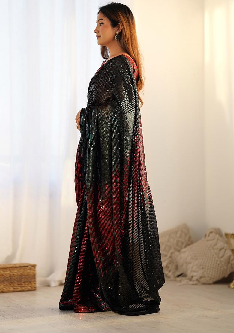 Black Sequin Work Georgette Saree Set