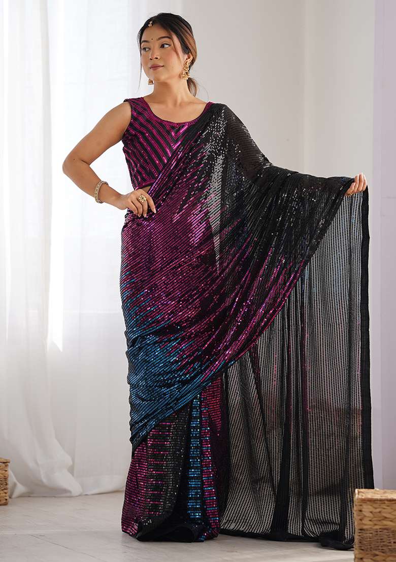 Black Work Georgette Saree Set with Sequin for Diwali | Wedding & Festive Wear - Indya