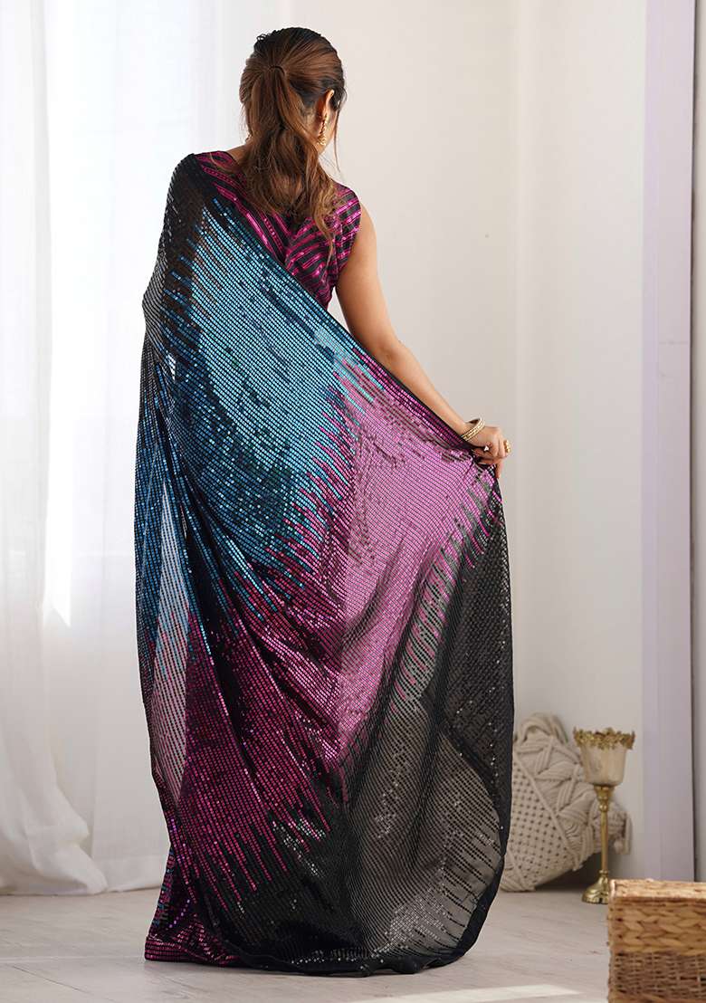 Black Work Georgette Saree Set with Sequin for Diwali | Wedding & Festive Wear - Indya