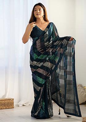 Teal Sequin Work Georgette Saree Set