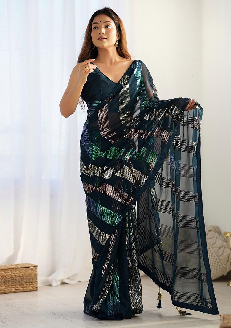 Teal Sequin Work Georgette Saree Set