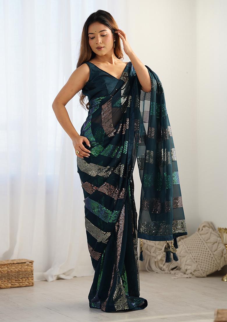 Teal Sequin Work Georgette Saree Set
