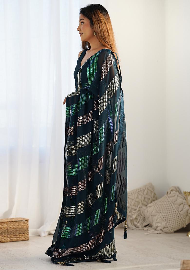 Teal Sequin Work Georgette Saree Set