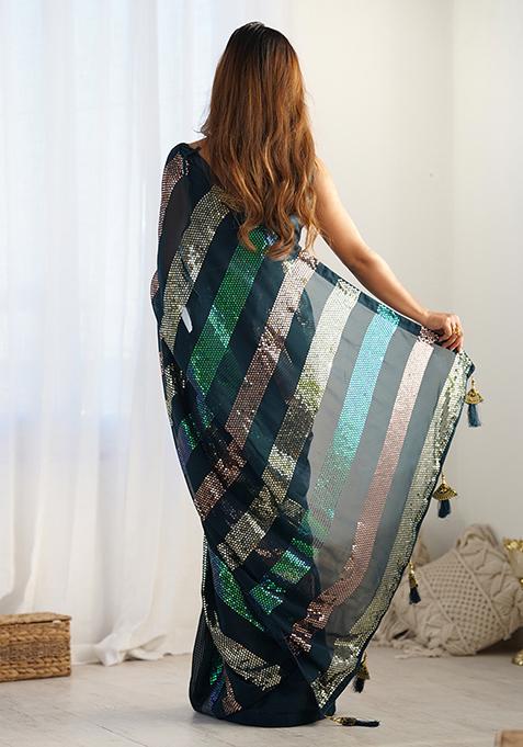 Teal Sequin Work Georgette Saree Set