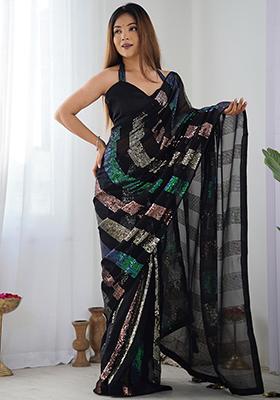 Black Sequin Work Georgette Saree Set