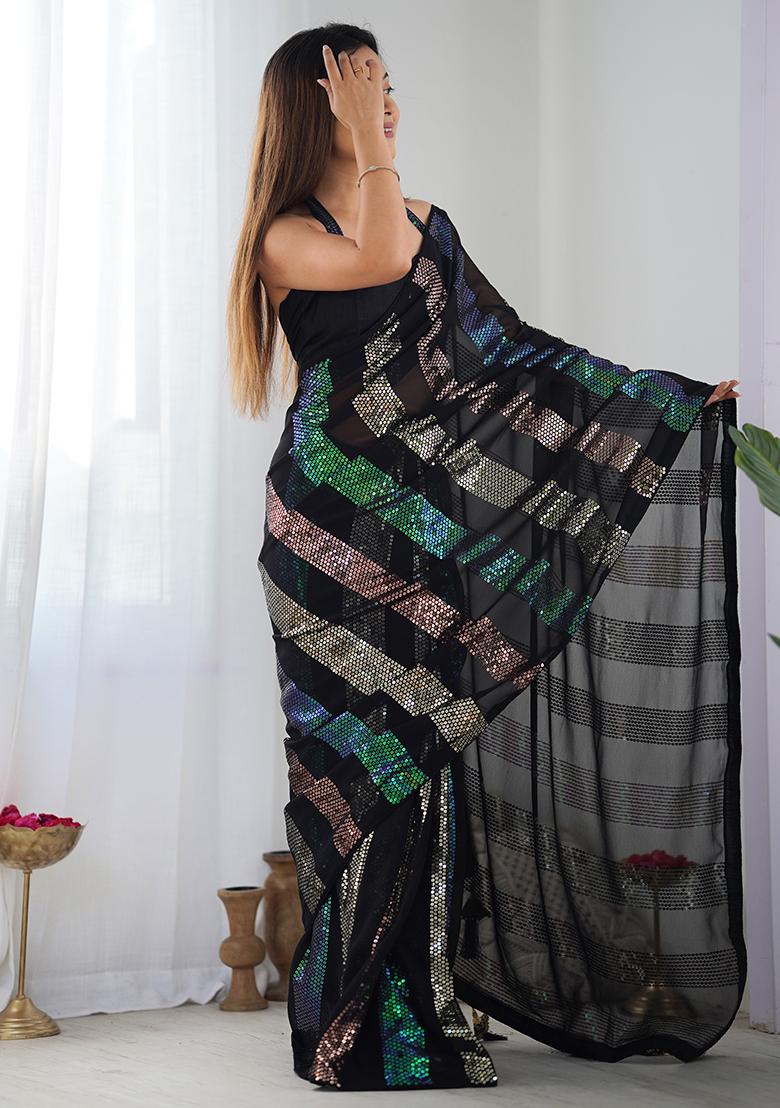 Black Sequin Work Georgette Saree Set