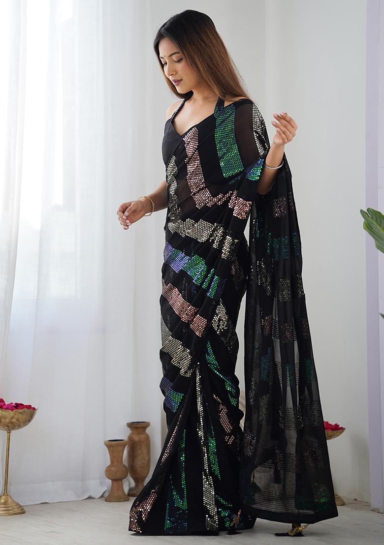 Black Sequin Work Georgette Saree Set