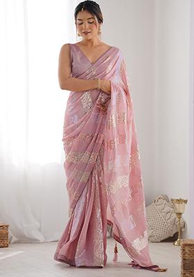 Pink Sequin Work Georgette Saree Set