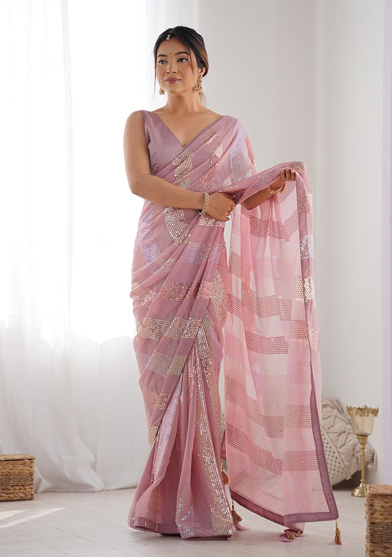Pink Sequin Work Georgette Saree Set