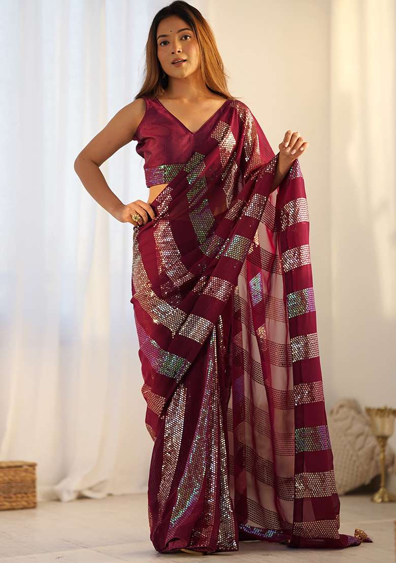 Maroon Sequin Work Georgette Saree Set for Diwali and Festive Wear - Indya