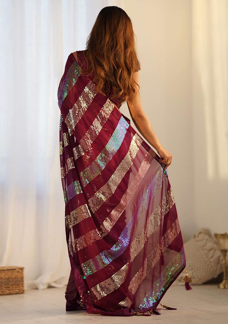 Maroon Sequin Work Georgette Saree Set for Diwali and Festive Wear - Indya