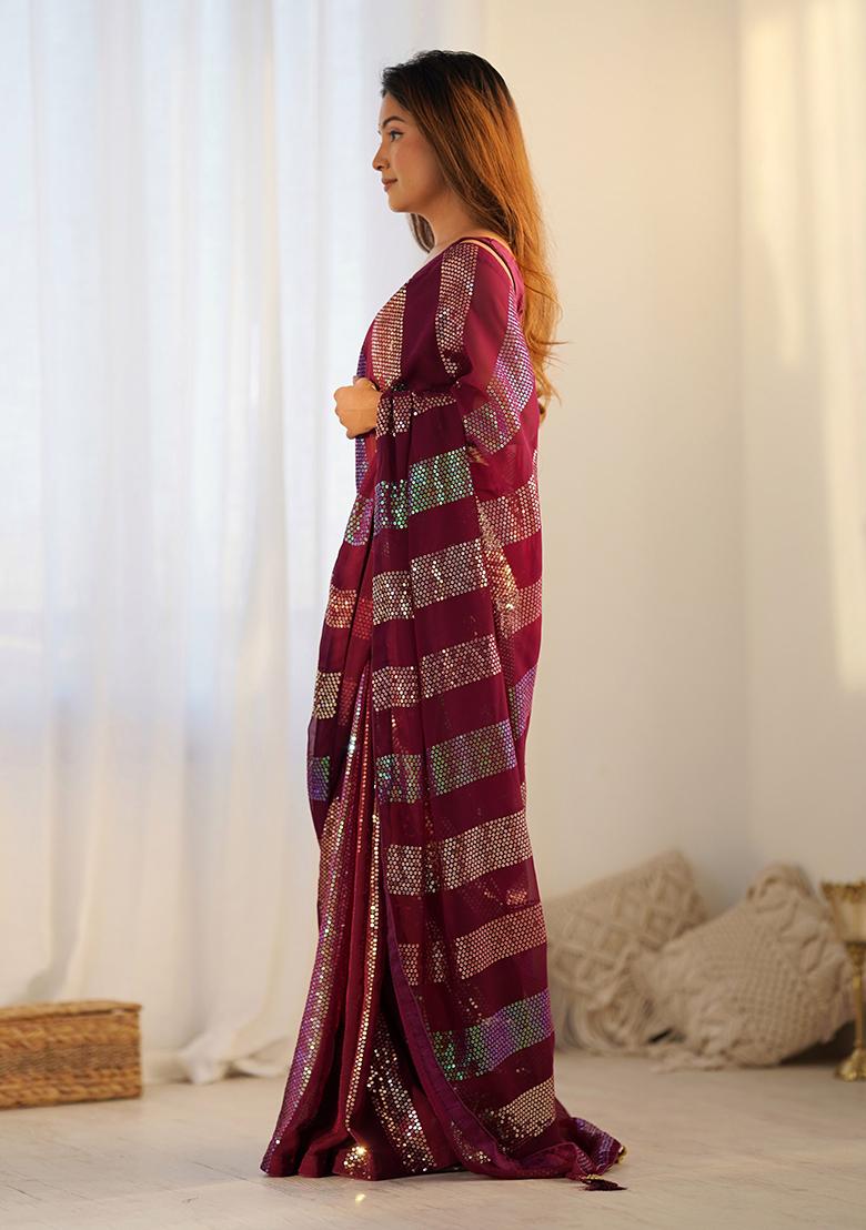Maroon Sequin Work Georgette Saree Set