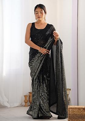 Black Sequin Work Georgette Saree Set