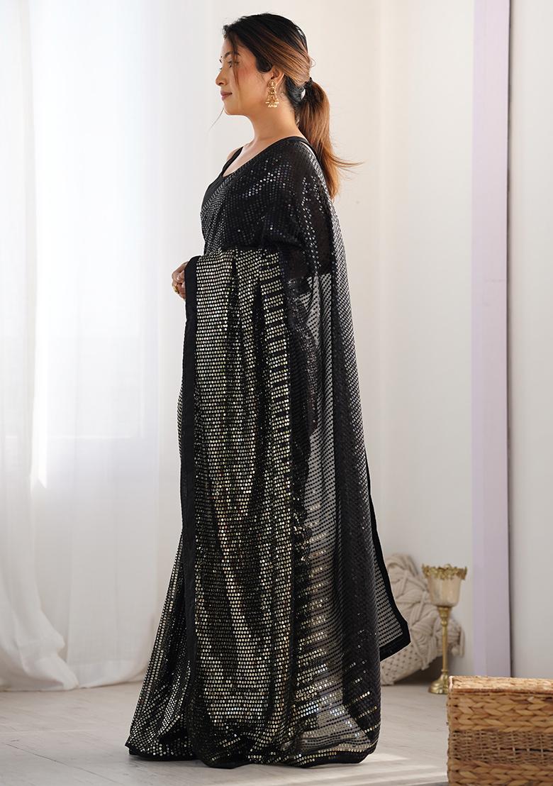 Black Sequin Work Georgette Saree Set