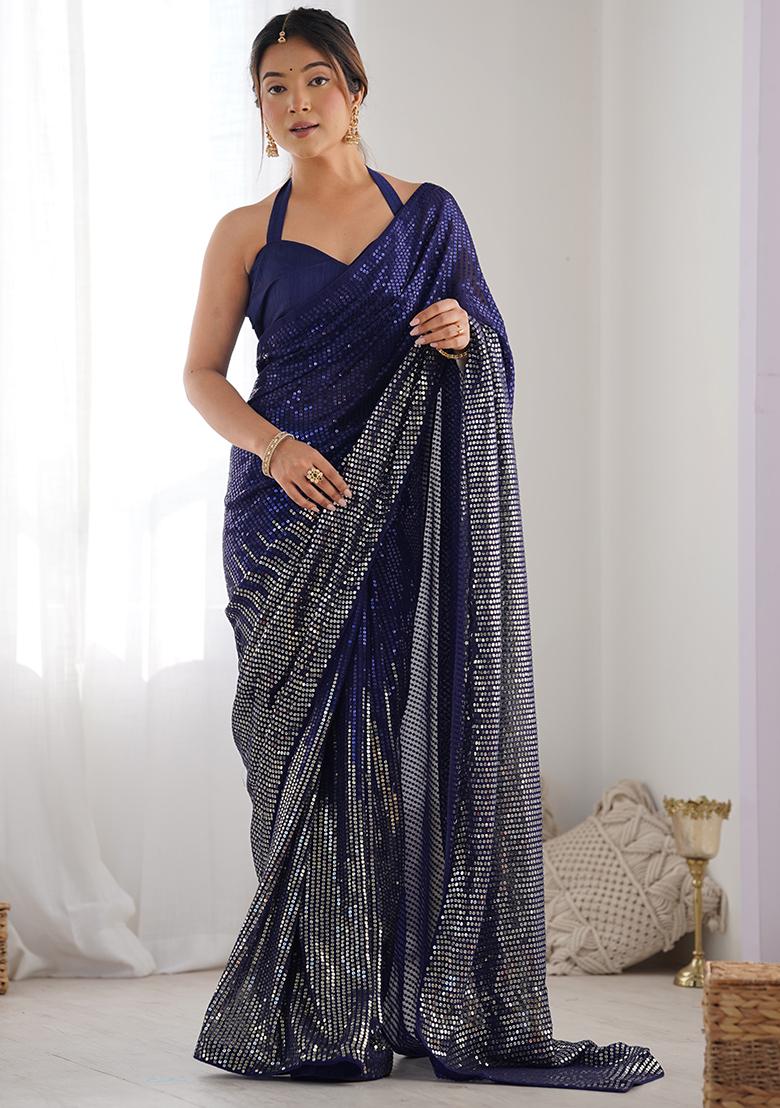 Blue Sequin Work Georgette Saree Set