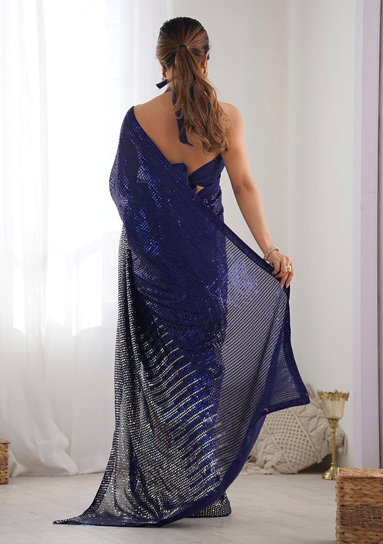 Blue Sequin Work Georgette Saree Set