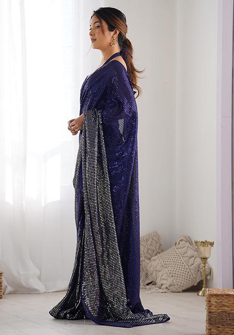 Blue Sequin Work Georgette Saree Set