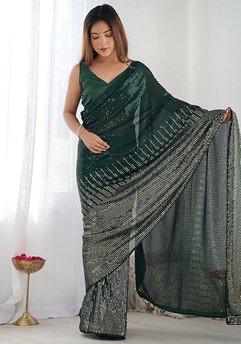 Green Sequin Work Georgette Saree Set