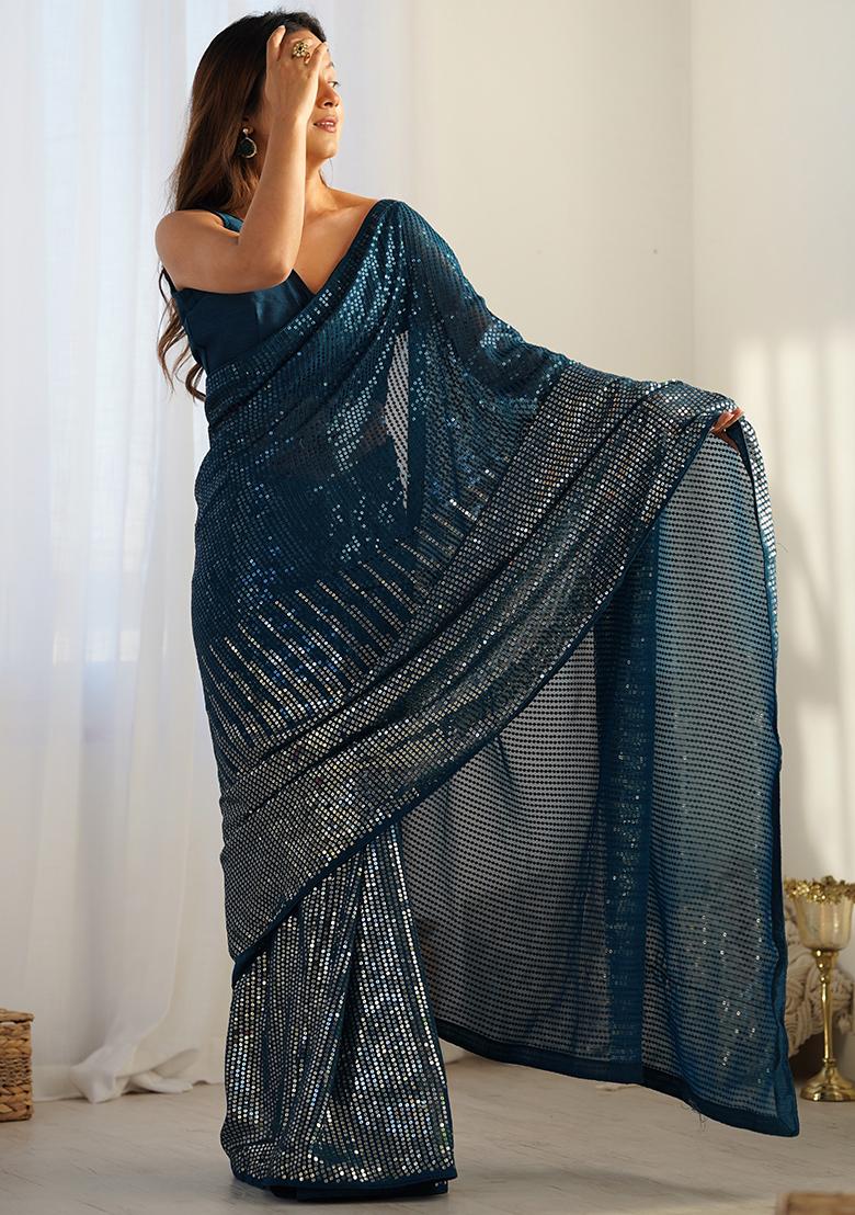 Blue Sequin Work Georgette Saree Set