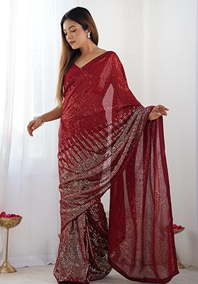 Red Sequin Work Georgette Saree Set