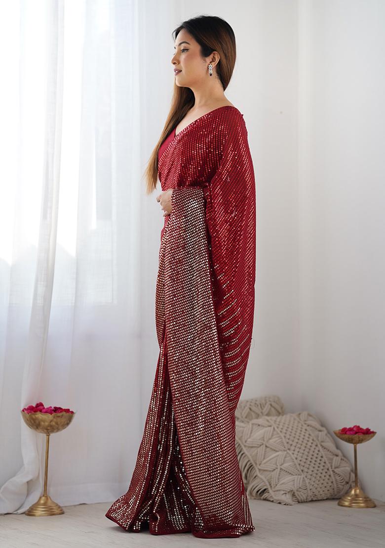Red Sequin Work Georgette Saree Set