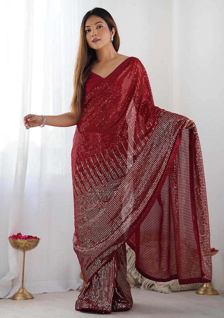 Red Sequin Work Georgette Saree Set