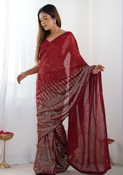 Red Sequin Work Georgette Saree Set