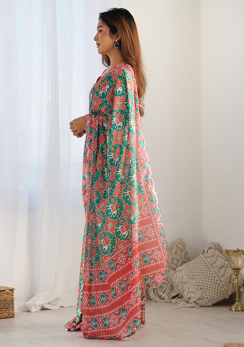 Green Abstract Print Chiffon Saree Set