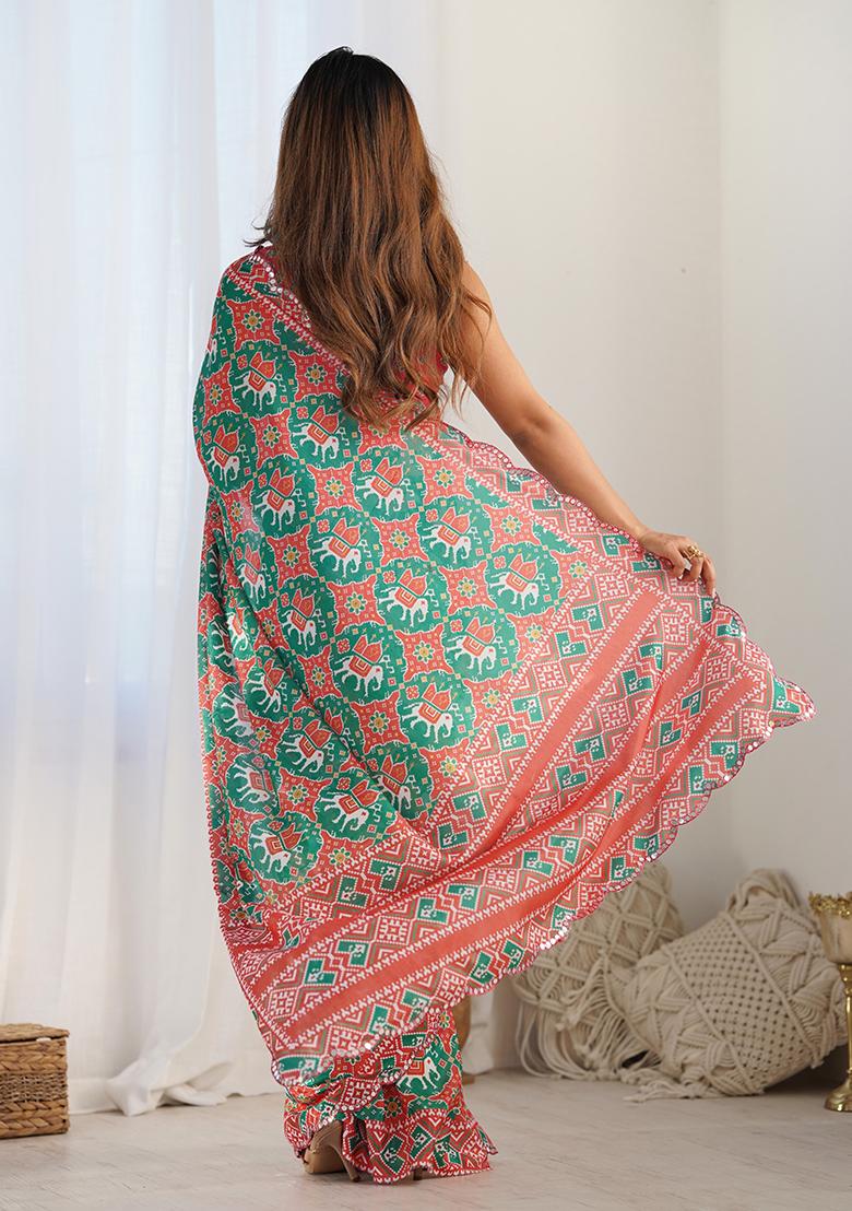 Green Abstract Print Chiffon Saree Set