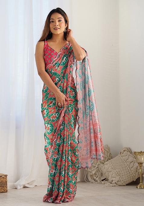 Green Abstract Print Chiffon Saree Set