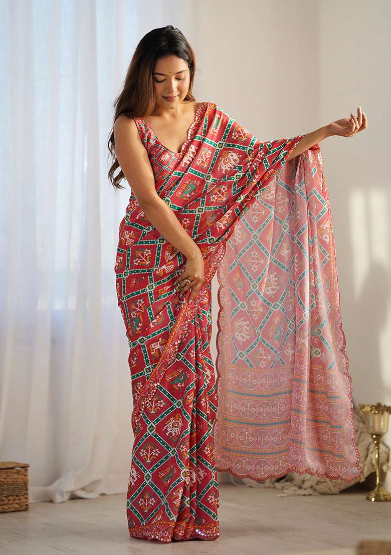 Red Chiffon Saree Set with Abstract Print for Diwali | Wedding & Festive Wear - Indya