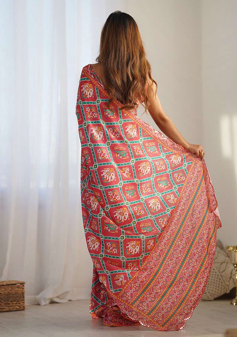Red Chiffon Saree Set with Abstract Print for Diwali | Wedding & Festive Wear - Indya