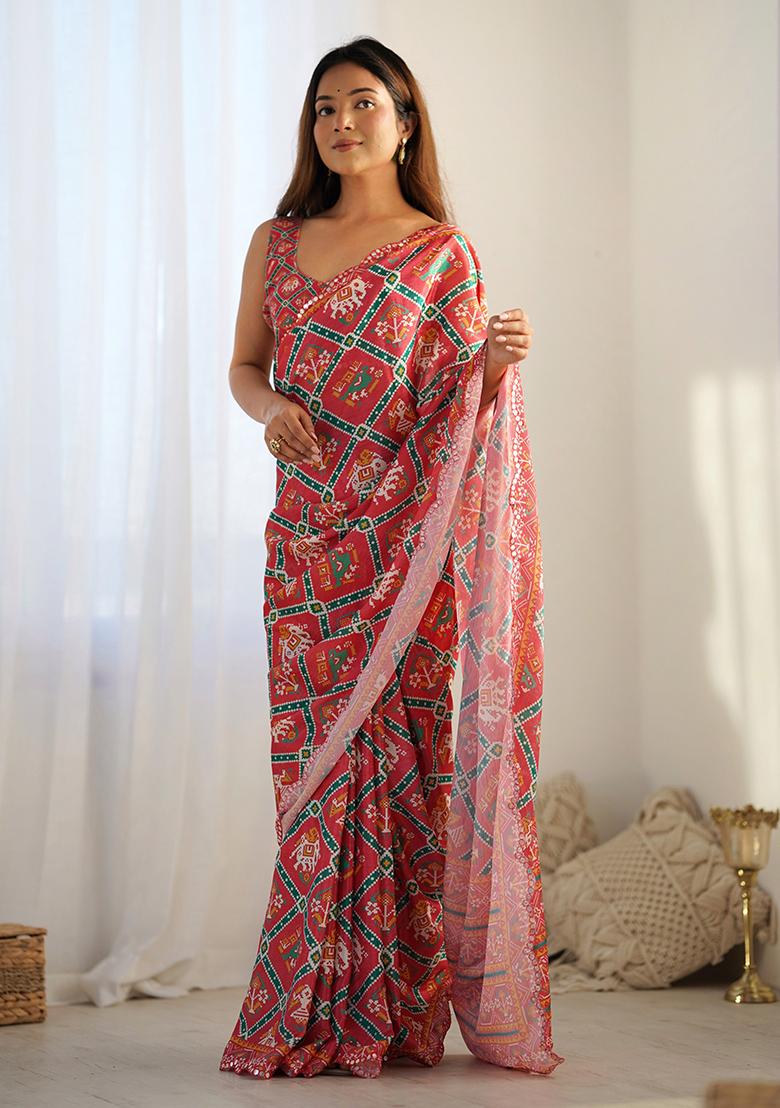Red Abstract Print Chiffon Saree Set