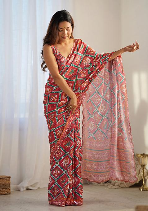 Red Abstract Print Chiffon Saree Set