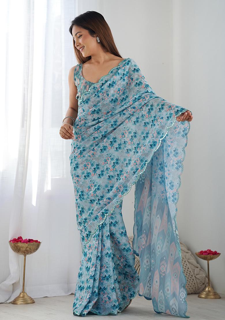 Blue Abstract Print Chiffon Saree Set