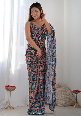 Navy Blue Abstract Print Chiffon Saree Set