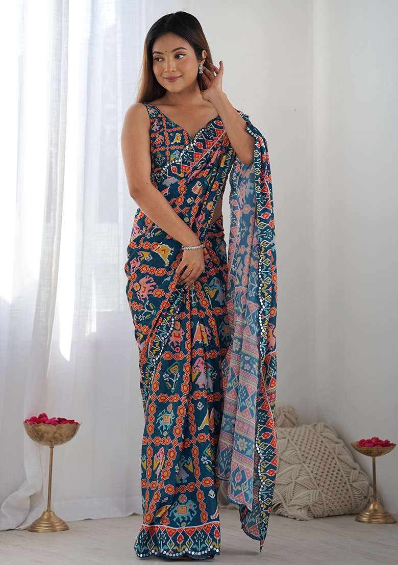 Navy Blue Chiffon Saree Set with Abstract Print for Diwali | Wedding & Festive Wear - Indya