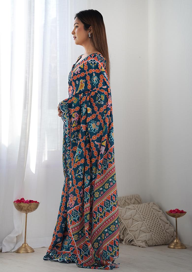 Navy Blue Abstract Print Chiffon Saree Set