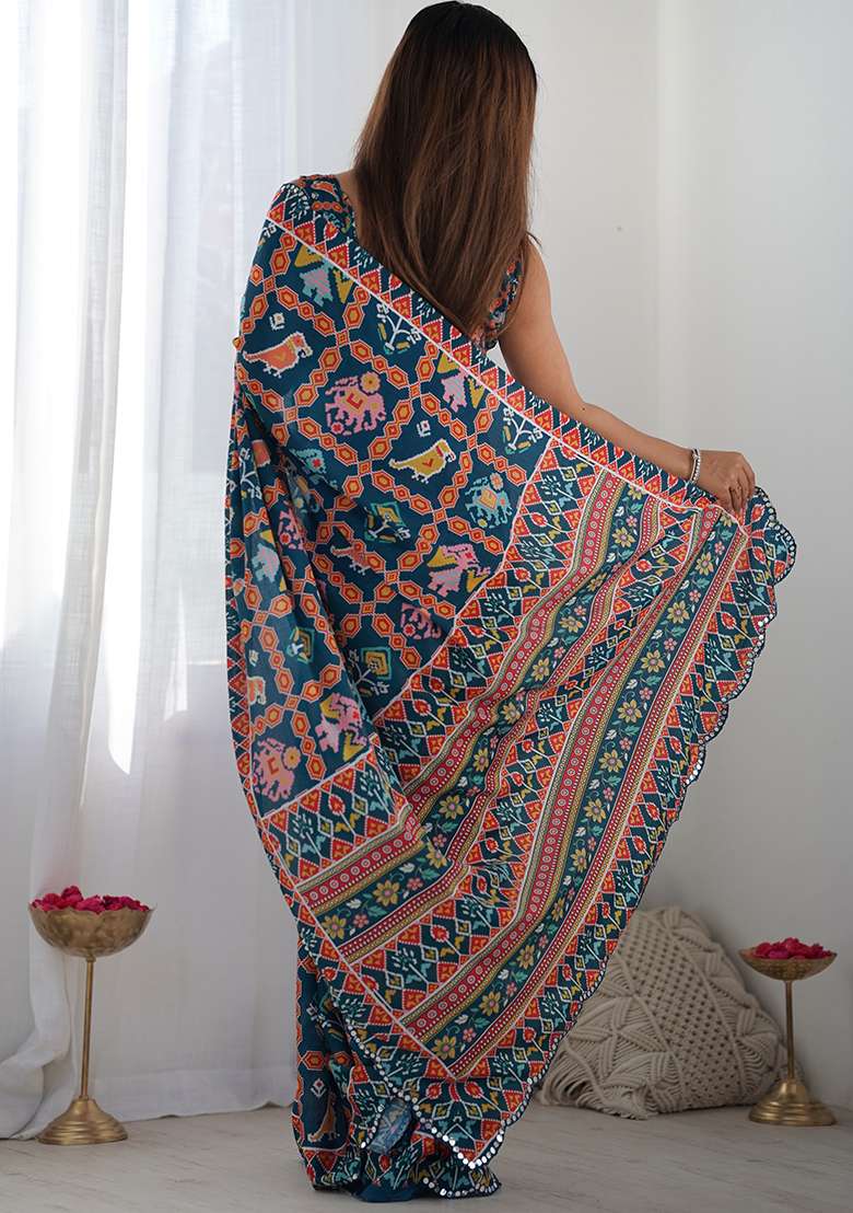 Navy Blue Chiffon Saree Set with Abstract Print for Diwali | Wedding & Festive Wear - Indya