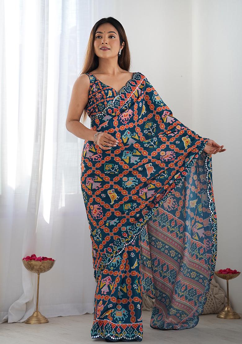 Navy Blue Abstract Print Chiffon Saree Set
