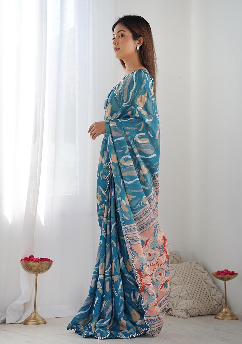 Teal Abstract Print Chiffon Saree Set
