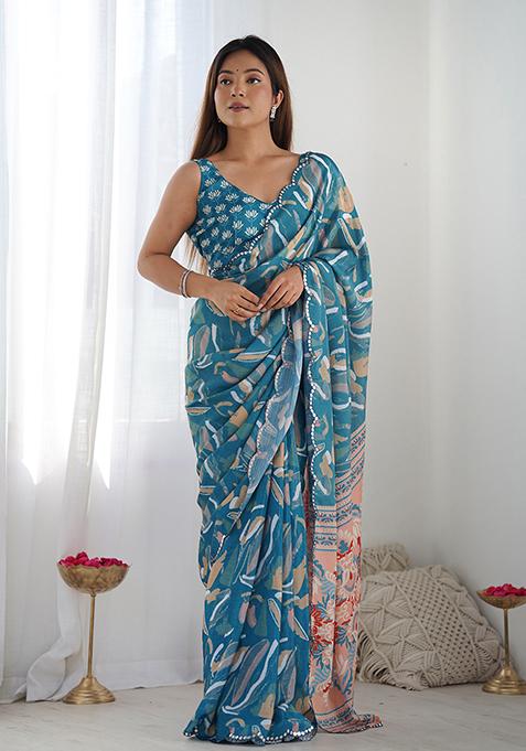 Teal Abstract Print Chiffon Saree Set