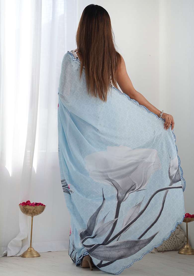 Sky Blue Abstract Print Chiffon Saree Set for Diwali and Festive Wear - Indya