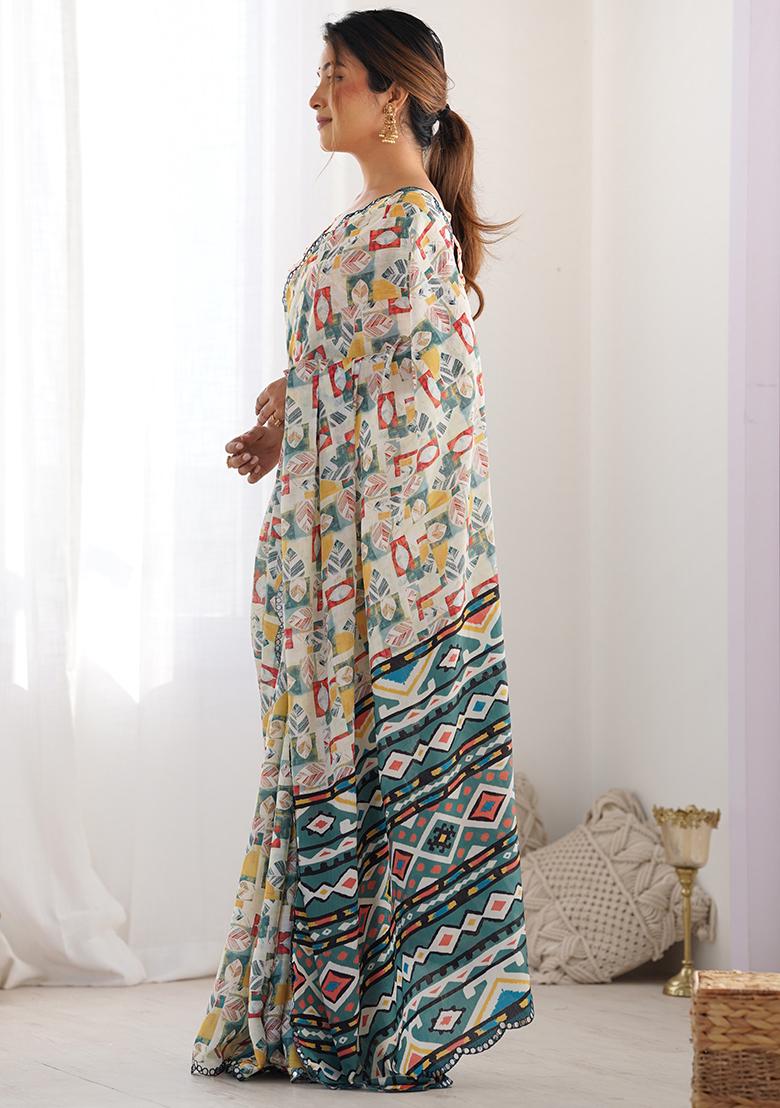 Off White Abstract Print Chiffon Saree Set