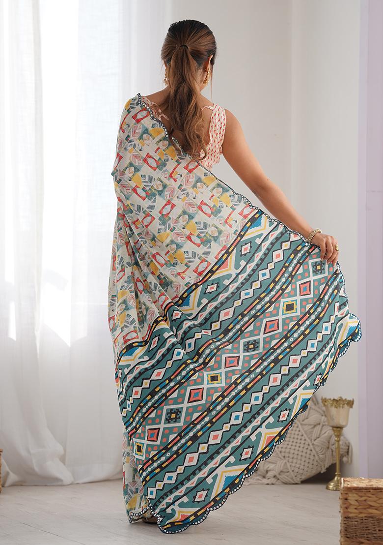 Off White Abstract Print Chiffon Saree Set